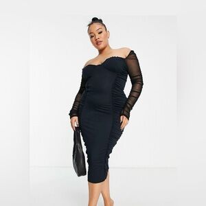 ASOS Curve Mesh Sleeve Ruched Midi Dress